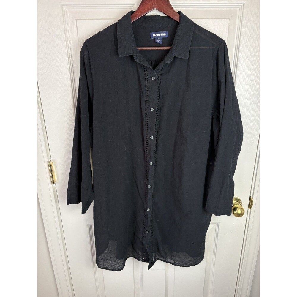 Lands End Black Button Down Tunic Swim Cover Up 1X Plus Size 16W-18W Cotton 159